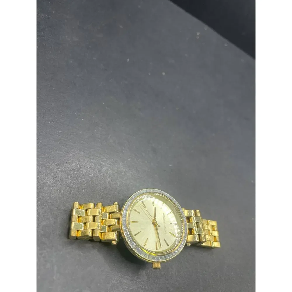 Michael Kors MK-3365 Womens Gold Tone Baguette Crystal Bezel Quartz Watch